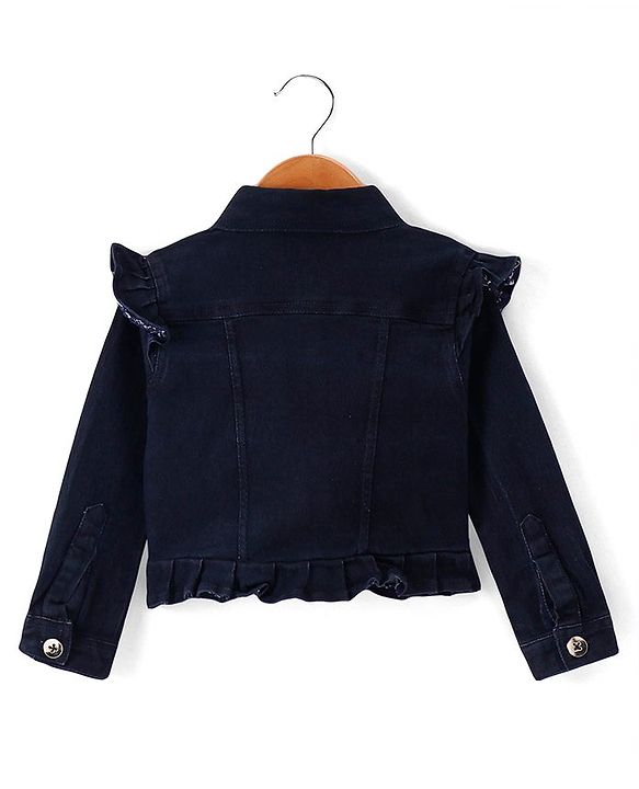 Babyhug Knit Full Sleeves Solid Jacket with Frill Detailing & Floral Printed Frock - Navy Blue & White