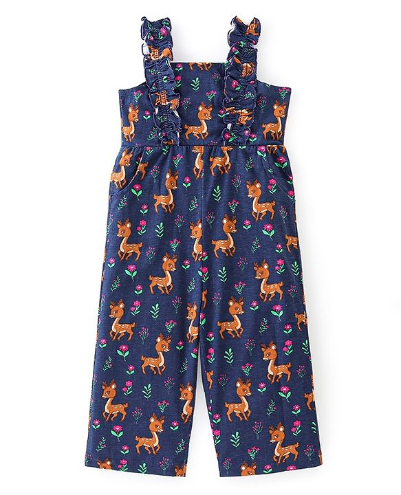 Babyhug 100% Cotton Knit Sleeveless Dungaree with Floral Print - Navy Blue