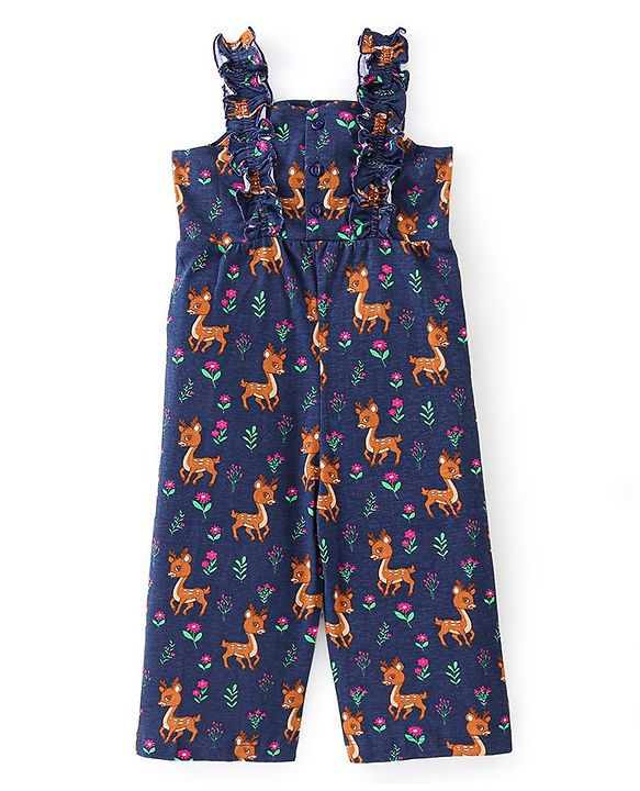 Babyhug 100% Cotton Knit Sleeveless Dungaree with Floral Print - Navy Blue