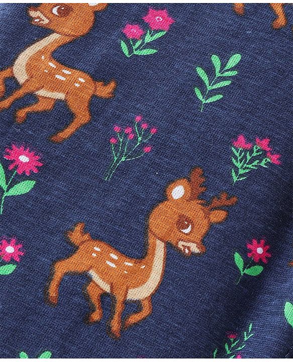 Babyhug 100% Cotton Knit Sleeveless Dungaree with Floral Print - Navy Blue