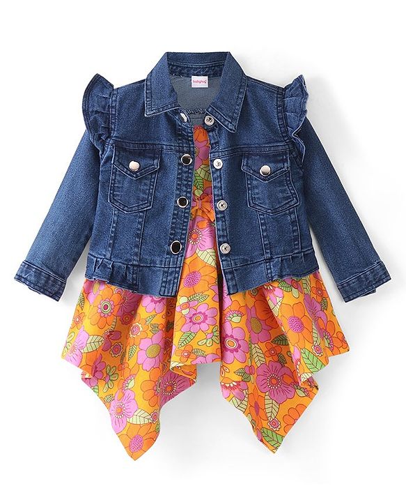 Babyhug Sleeveless Floral Printed Frock with Jacket - Orange