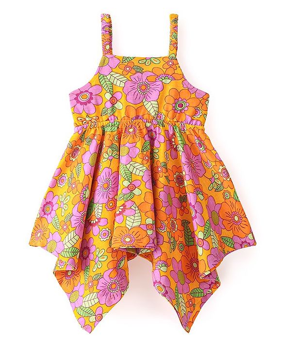 Babyhug Sleeveless Floral Printed Frock with Jacket - Orange