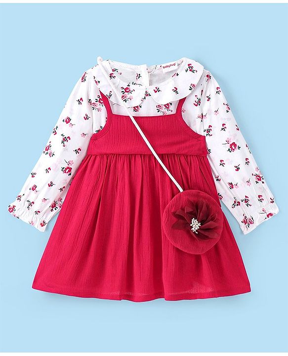 Babyhug 100% Viscose Rayon Woven Full Sleeves Floral Printed Frock with Sling Bag - Red