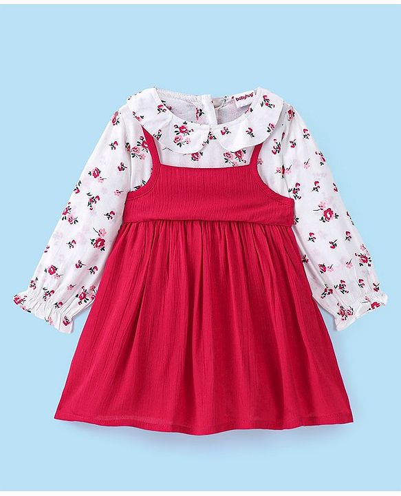 Babyhug 100% Viscose Rayon Woven Full Sleeves Floral Printed Frock with Sling Bag - Red