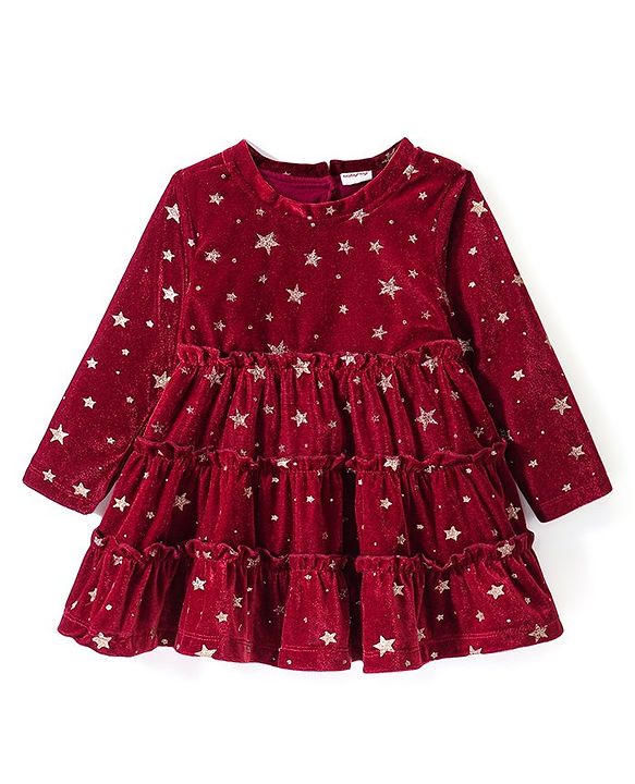 Babyhug Woven Full Sleeves Frock With Star Print - Red