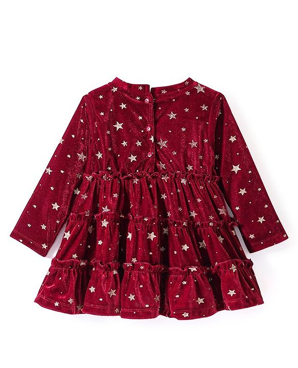Babyhug Woven Full Sleeves Frock With Star Print - Red