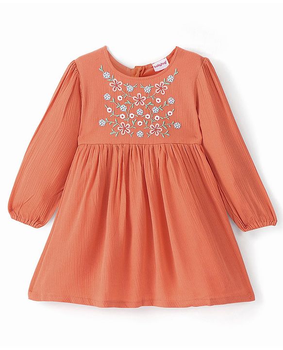 Babyhug Cotton Knit Full Sleeves Floral Embroidery Frock - Orange
