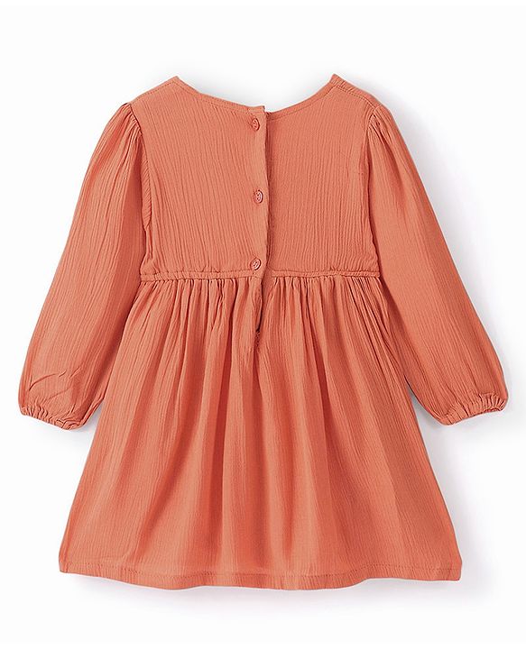 Babyhug Cotton Knit Full Sleeves Floral Embroidery Frock - Orange