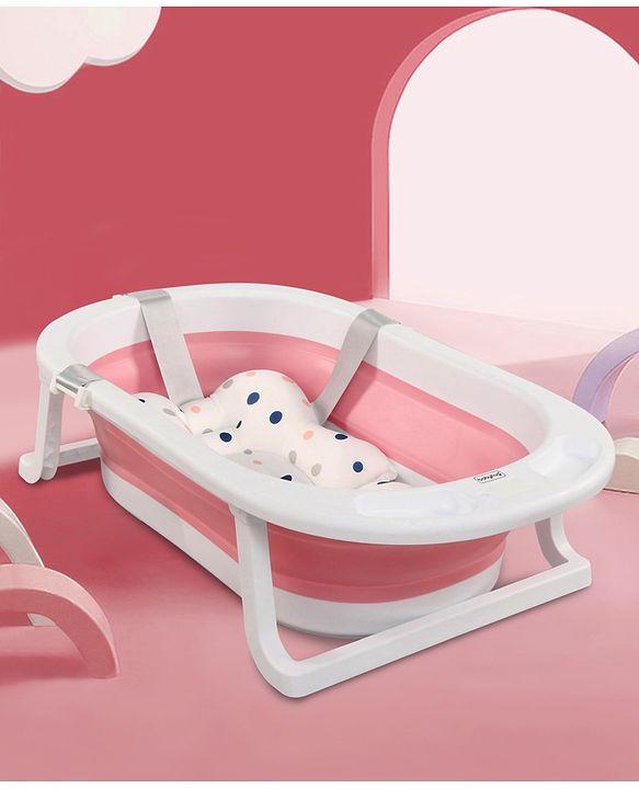 Babyhug Foldable Bath Tub with Printed Cushion - Pink