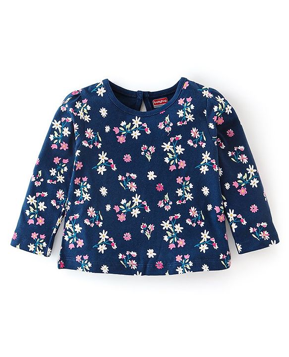 Babyhug Cotton Knit Full Sleeves T-Shirt Floral Print - Navy Blue