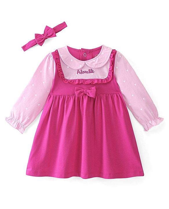 Babyhug Cotton Knit Full Sleeves Frock with Headband & Bow Applique - Pink