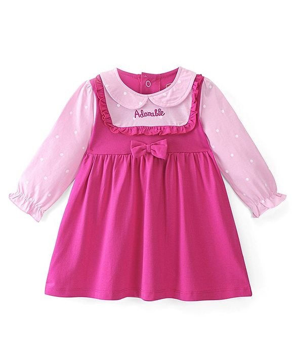 Babyhug Cotton Knit Full Sleeves Frock with Headband & Bow Applique - Pink