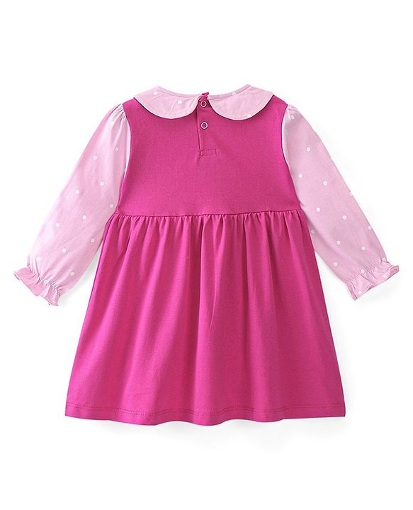 Babyhug Cotton Knit Full Sleeves Frock with Headband & Bow Applique - Pink