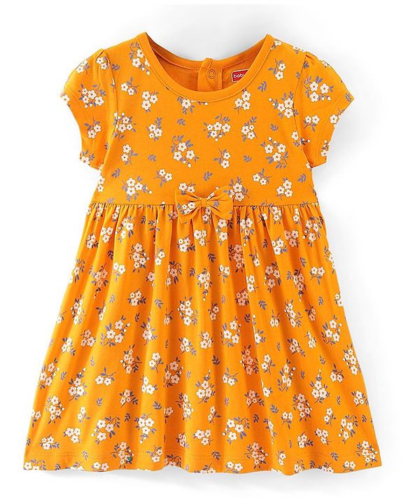 Babyhug Cotton Knit Half Sleeves Floral Print Frock with Bloomer & Headband - Yellow