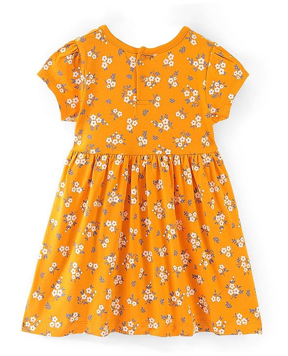 Babyhug Cotton Knit Half Sleeves Floral Print Frock with Bloomer & Headband - Yellow