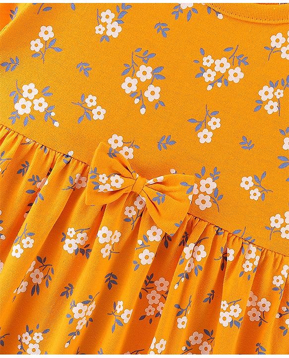 Babyhug Cotton Knit Half Sleeves Floral Print Frock with Bloomer & Headband - Yellow