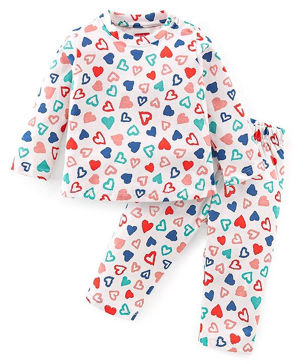 Babyhug Interlock Cotton Knit Full Sleeves Heat Print Night Suit - White
