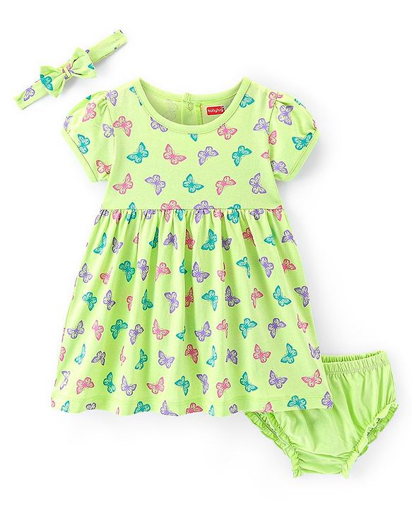 Babyhug Cotton Knit Half Sleeves Frock with Bloomer & Headband Butterfly Printed - Green