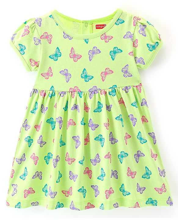 Babyhug Cotton Knit Half Sleeves Frock with Bloomer & Headband Butterfly Printed - Green