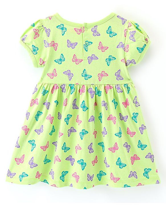 Babyhug Cotton Knit Half Sleeves Frock with Bloomer & Headband Butterfly Printed - Green