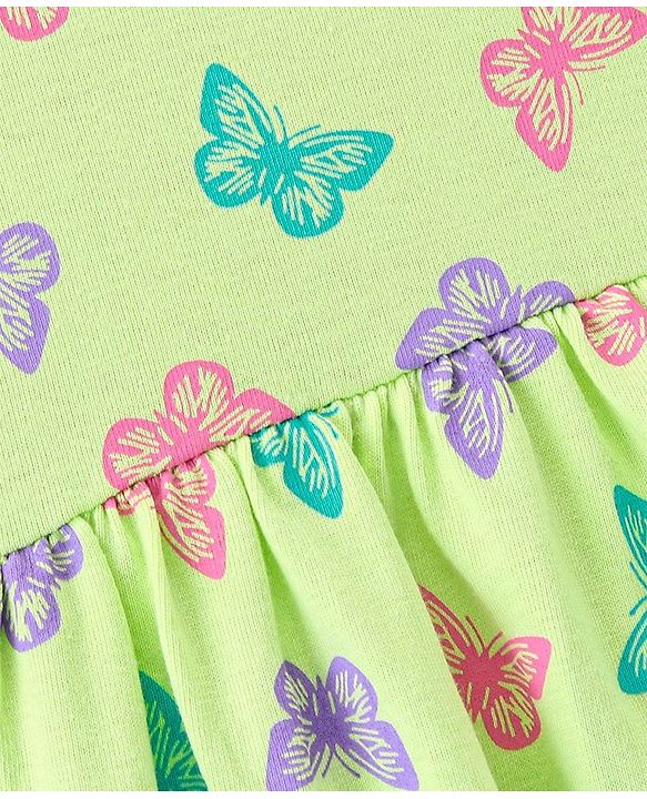 Babyhug Cotton Knit Half Sleeves Frock with Bloomer & Headband Butterfly Printed - Green