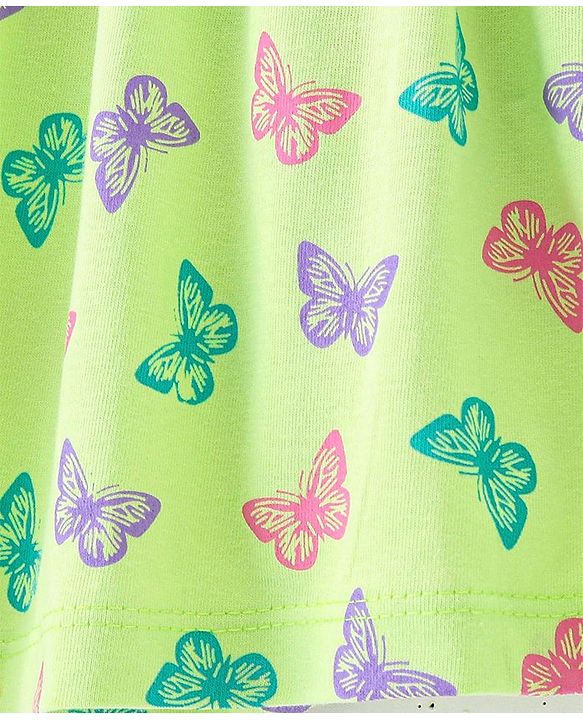 Babyhug Cotton Knit Half Sleeves Frock with Bloomer & Headband Butterfly Printed - Green