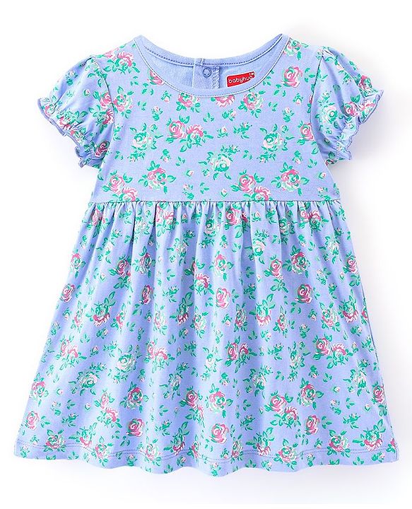 Babyhug Cotton Knit Half Sleeves Frock with Bloomer & Hairband Floral Printed - Blue