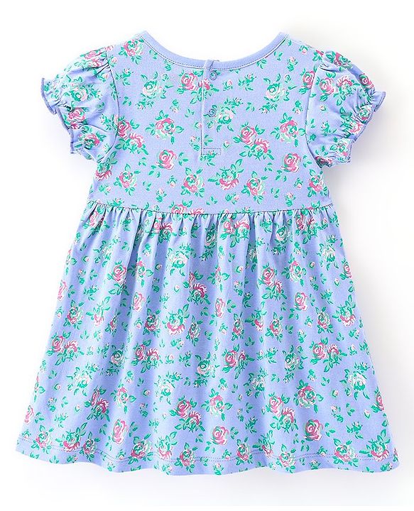 Babyhug Cotton Knit Half Sleeves Frock with Bloomer & Hairband Floral Printed - Blue