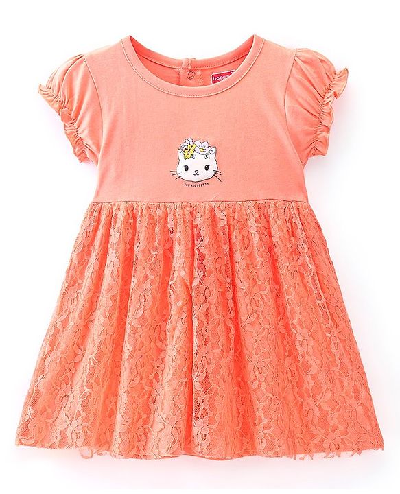Babyhug 100% Cotton Half Sleeves Frock With Kitty Print - Peach