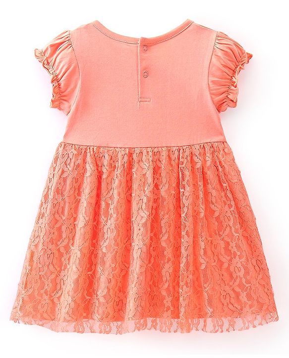 Babyhug 100% Cotton Half Sleeves Frock With Kitty Print - Peach