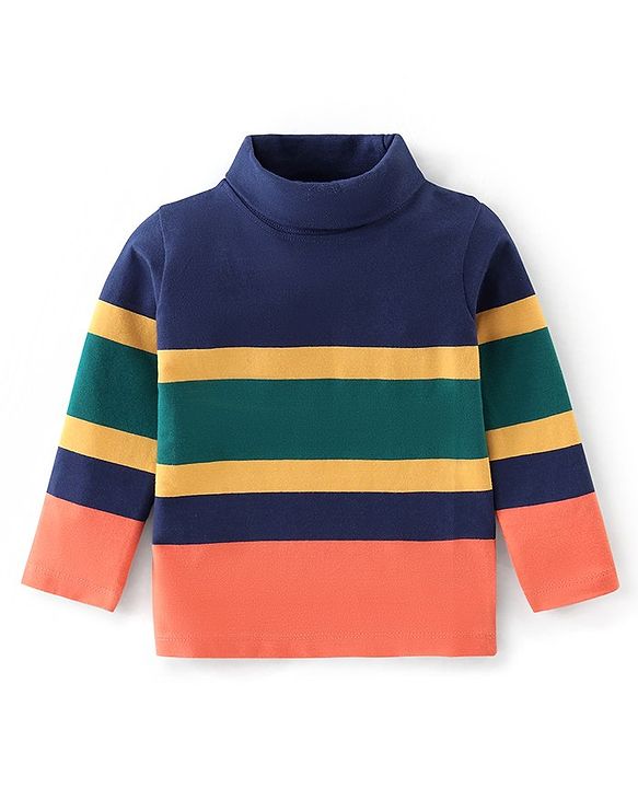 Babyhug Cotton Knit Full Sleeves Striped Skivi T-Shirt - Navy Blue & Orange