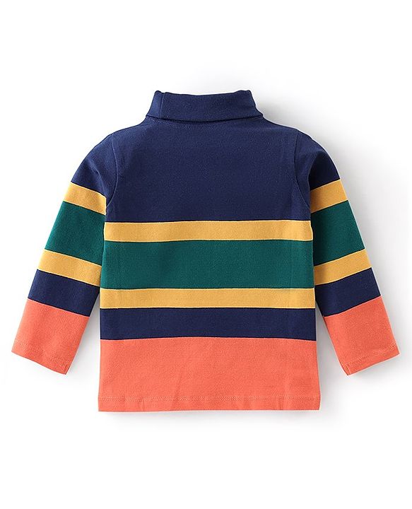 Babyhug Cotton Knit Full Sleeves Striped Skivi T-Shirt - Navy Blue & Orange