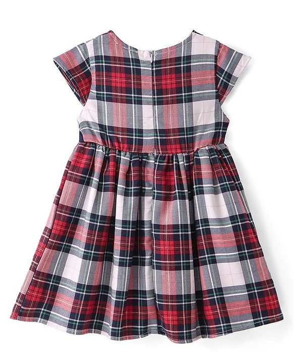 Babyhug Woven Yard Dyed Half Sleeves Checks Frock with Bow Applique - Red