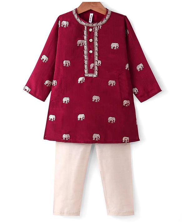 Babyhug Woven Full Sleeves Foil Printed Kurta & Pyjama Set - Maroon & White