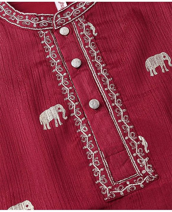 Babyhug Woven Full Sleeves Foil Printed Kurta & Pyjama Set - Maroon & White