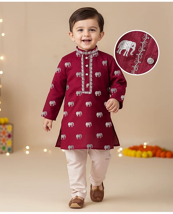 Babyhug Woven Full Sleeves Foil Printed Kurta & Pyjama Set - Maroon & White