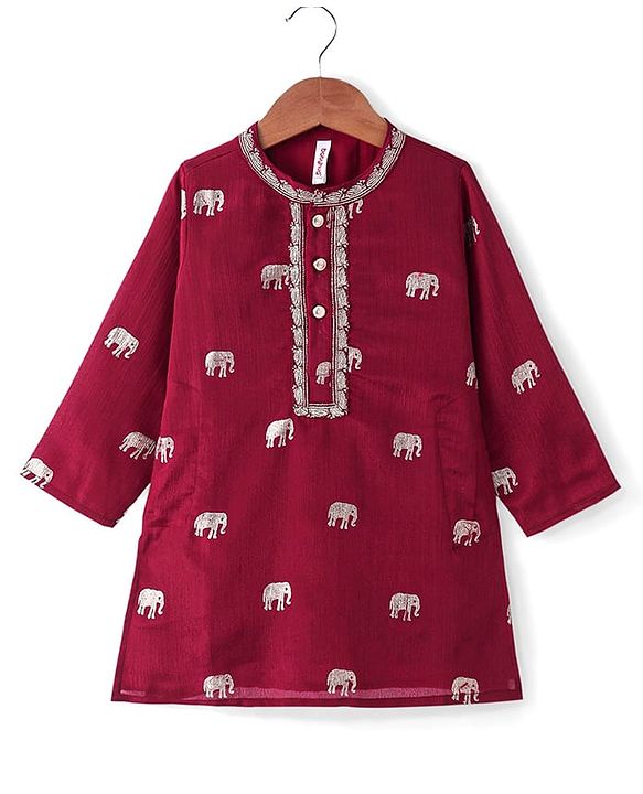 Babyhug Woven Full Sleeves Foil Printed Kurta & Pyjama Set - Maroon & White