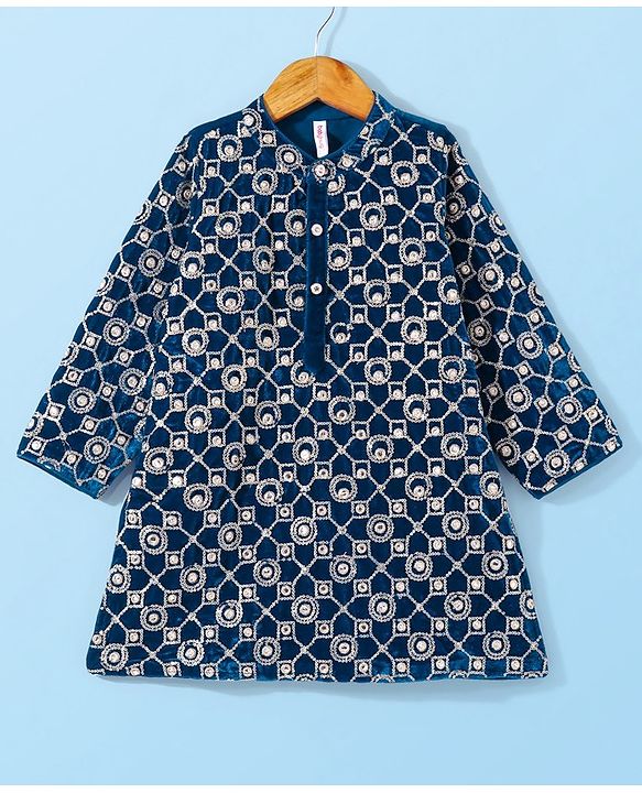 Babyhug Full Sleeves Sequined Embroidered Kurta with Pyjama Set - Teal
