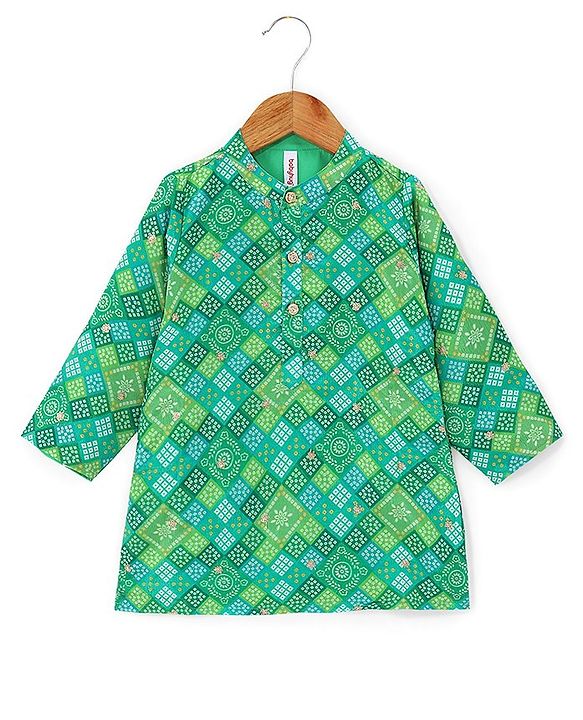 Babyhug Full Sleeves Printed with Sequenced Embroidered Kurta & Pyjama Set - Green