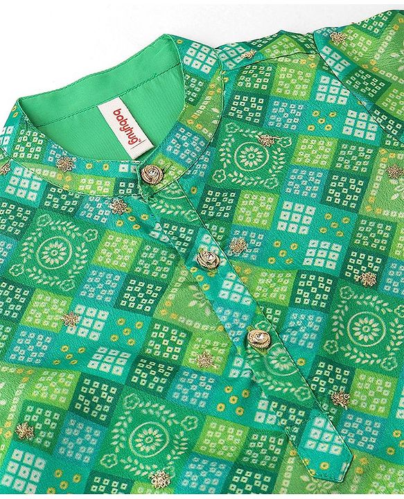 Babyhug Full Sleeves Printed with Sequenced Embroidered Kurta & Pyjama Set - Green