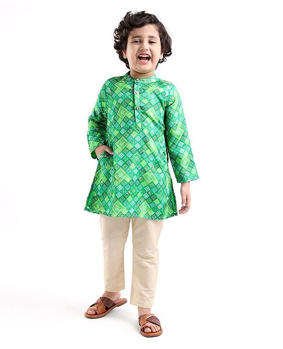 Babyhug Full Sleeves Printed with Sequenced Embroidered Kurta & Pyjama Set - Green