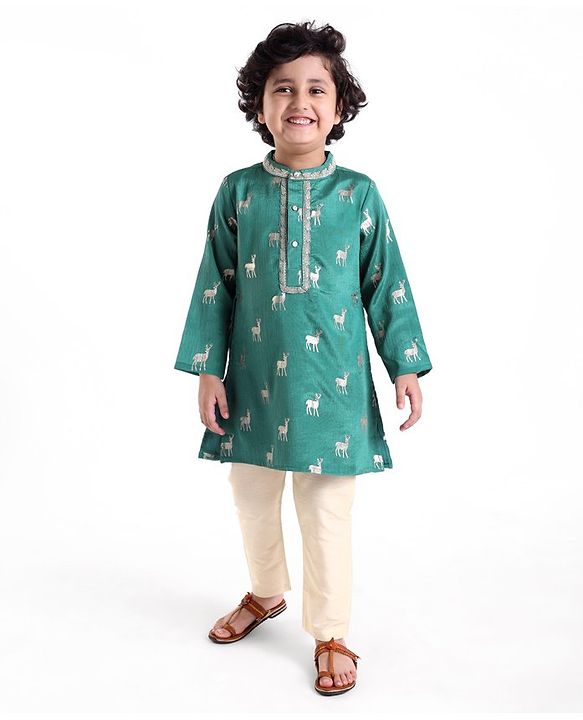 Babyhug Full Sleeves Rendier Print & Embroidered Kurta with Solid Pyjama Set-Teal