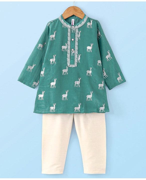 Babyhug Full Sleeves Rendier Print & Embroidered Kurta with Solid Pyjama Set-Teal