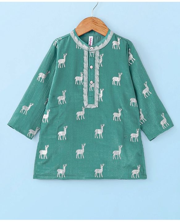 Babyhug Full Sleeves Rendier Print & Embroidered Kurta with Solid Pyjama Set-Teal