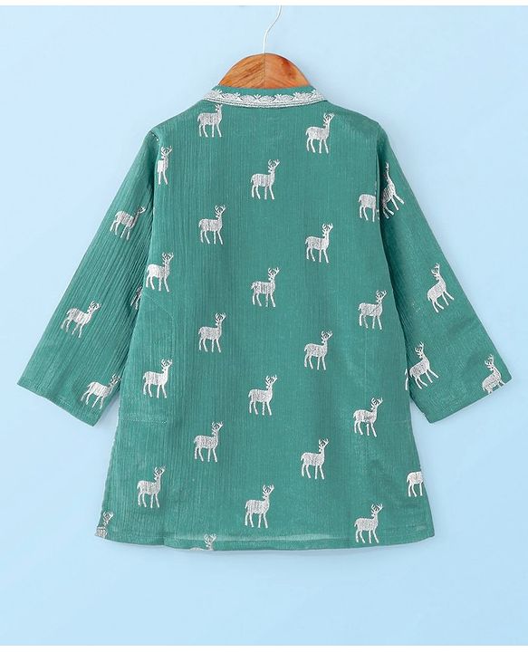 Babyhug Full Sleeves Rendier Print & Embroidered Kurta with Solid Pyjama Set-Teal