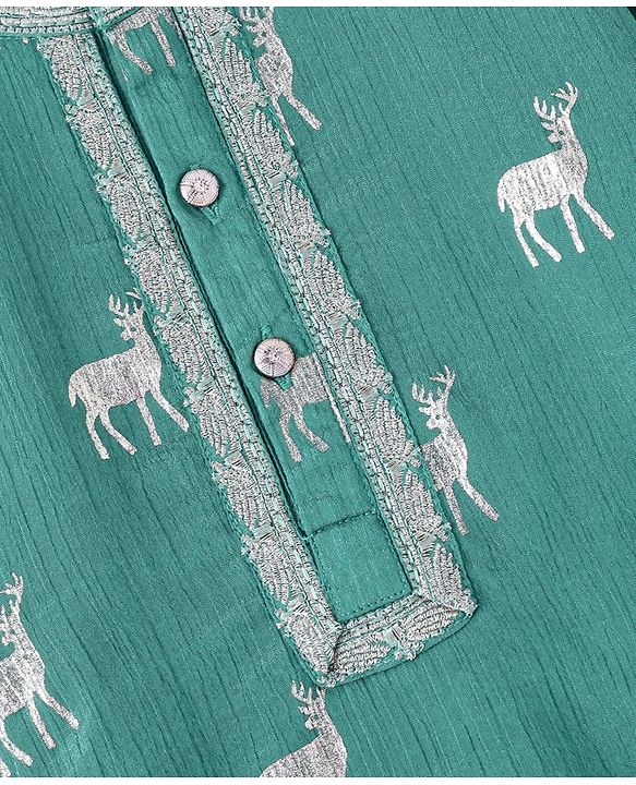 Babyhug Full Sleeves Rendier Print & Embroidered Kurta with Solid Pyjama Set-Teal