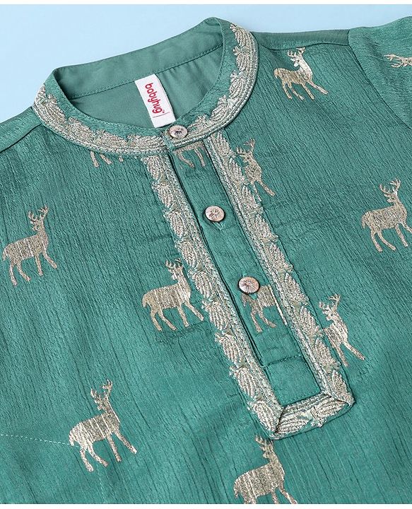 Babyhug Full Sleeves Rendier Print & Embroidered Kurta with Solid Pyjama Set-Teal