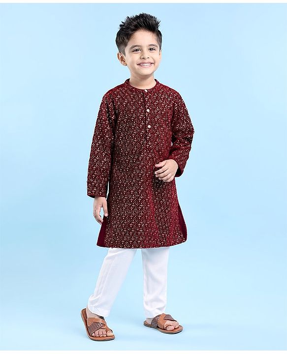 Babyhug Full Sleeves Sequined Embroidered Kurta Pyjama Set - Maroon
