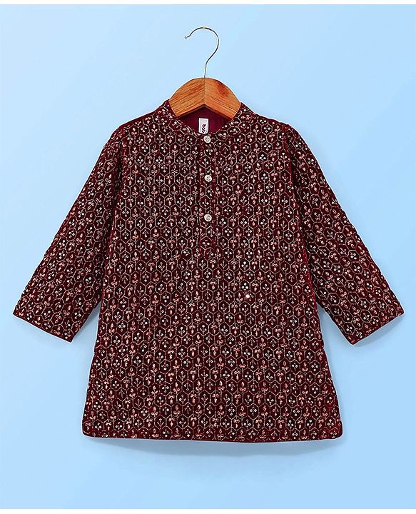 Babyhug Full Sleeves Sequined Embroidered Kurta Pyjama Set - Maroon