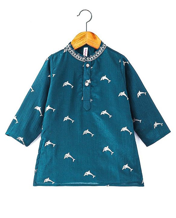 Babyhug Woven Full Sleeves Foil Printed Kurta & Dhoti Set - Teal Blue